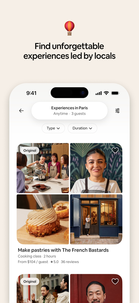 Airbnb app interface showing a pastry making cooking class experience in Paris led by local hosts