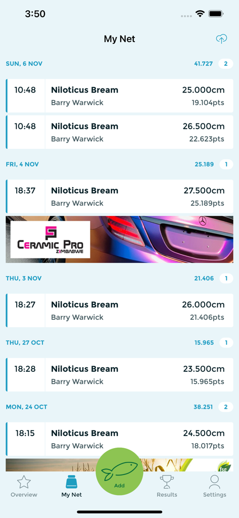 Keepnet Weigh Bay: Fishing App - My Net screen in Keepnet app showing a chronological history of fish catches with measurements and points.
