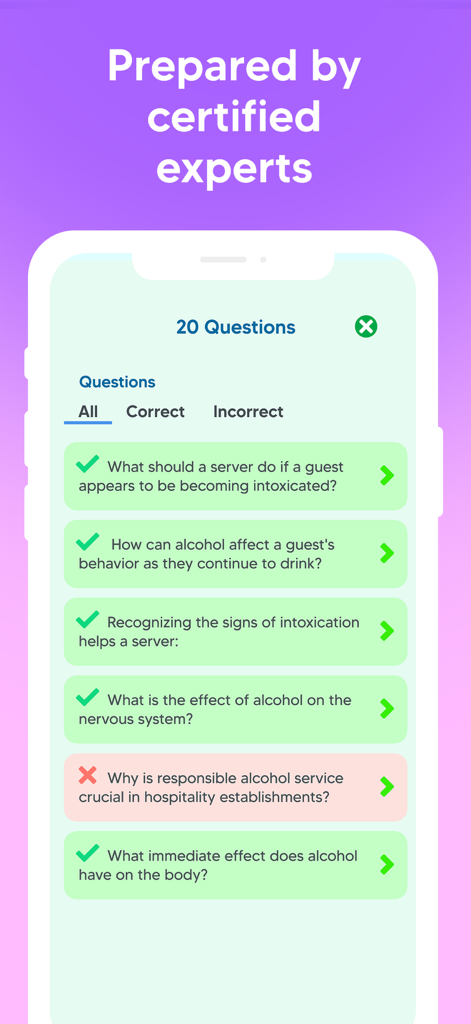 ServSafe: Practice Test Prep - Pantalla de la aplicación móvil ServSafe que muestra preguntas de práctica de seguridad de alcohol y comentarios sobre las respuestas.
