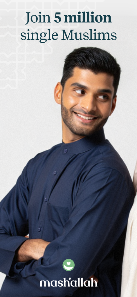 Mashallah: Halal Muslim dating - Mashallah ハラル ムスリム出会い系アプリの画面で「500万人のムスリム独身者とつながる」というテキストが表示され、笑顔の男性が表示されている