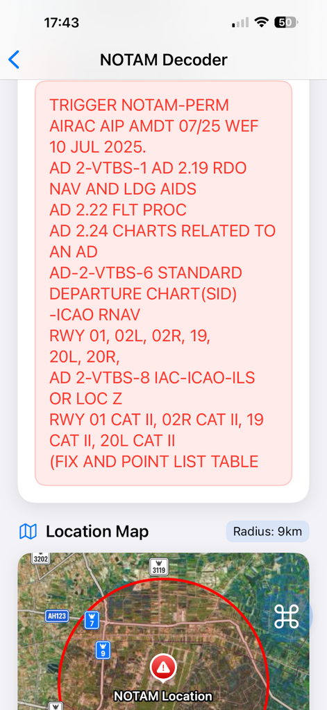 FlightMate – Pilot Tools - FlightMate NOTAM decoder screen showing a detailed aviation notice and a location map