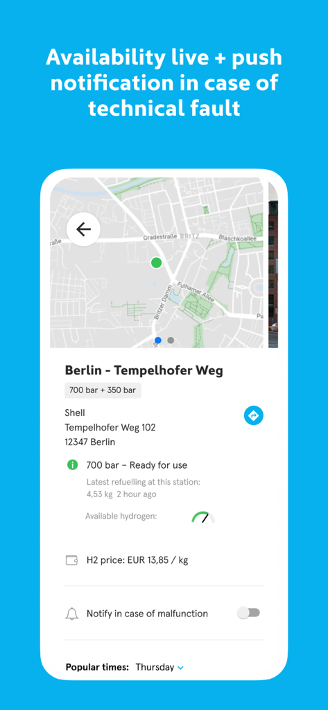 H2.LIVE - Detaillierte Informationen zu einer Wasserstofftankstelle in Berlin, die Statusverfügbarkeit und Preis in der H2.LIVE App anzeigen