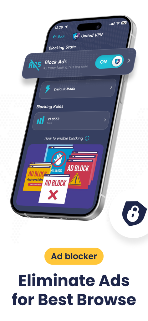 United VPN - Fast & Secure DNS - Smartphone screen showing the United VPN app with the ad blocker feature enabled to eliminate intrusive ads