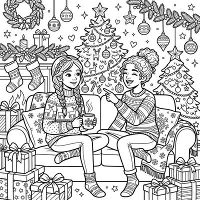Share the joy of the holiday season with this delightful coloring page featuring two best friends celebrating Christmas. Dive into a scene brimming with festive decorations, cozy sweaters, and the warmth of cherished friendship.