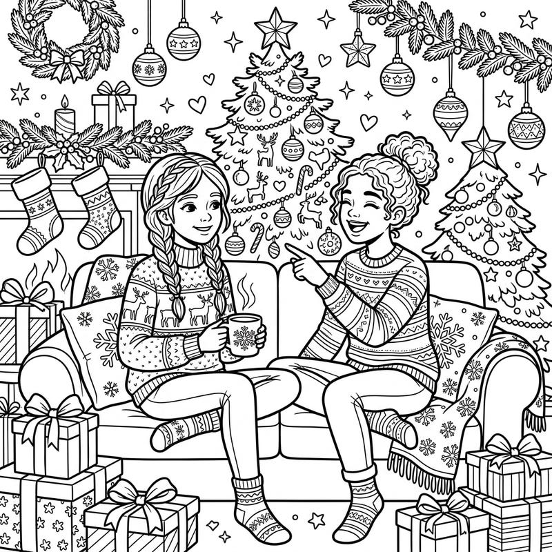 Share the joy of the holiday season with this delightful coloring page featuring two best friends celebrating Christmas. Dive into a scene brimming with festive decorations, cozy sweaters, and the warmth of cherished friendship.