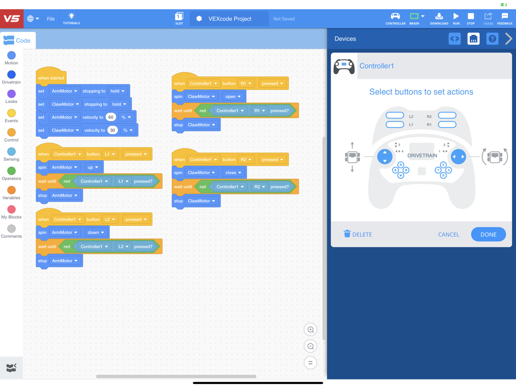 VEXcode V5 block coding interface on iPad with robot controller configuration panel