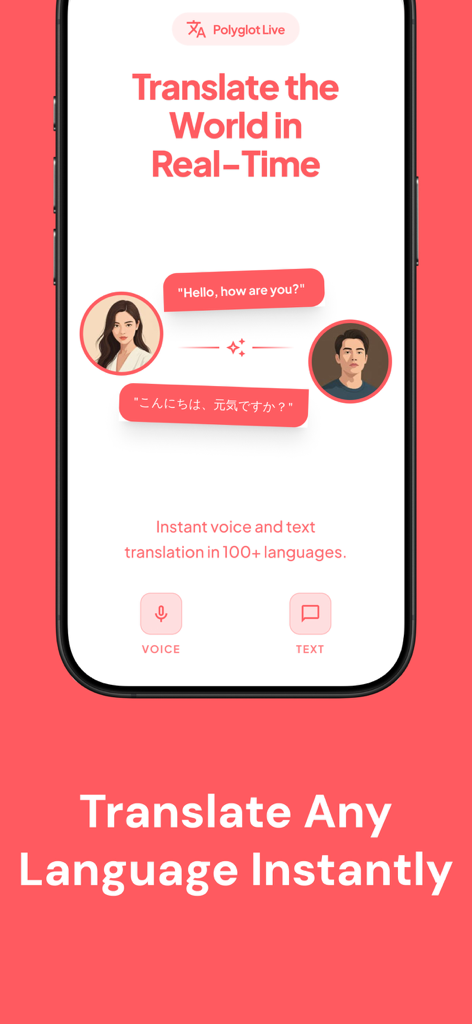 Live Translation: AI Translate - Interfaccia dell'app Live Translation AI che mostra traduzione vocale e testuale in tempo reale tra parlanti inglese e giapponese.