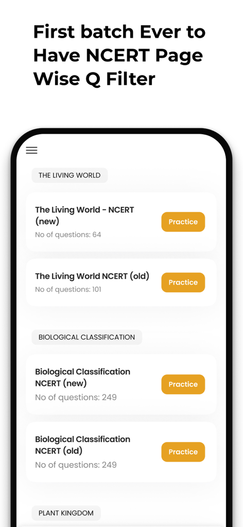 NEETprep Essential - NEETprep Essential app interface showing NCERT page-wise question filters for biology chapters like The Living World and Biological Classification.