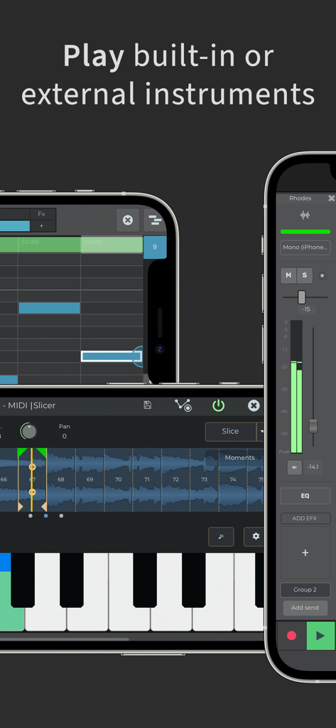n-Track Studio Pro | DAW - Music production app interface showing piano keyboard and midi sequencer