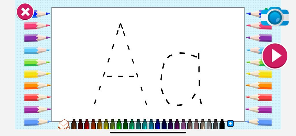 Learning Preschool Kids Games - A preschool learning app screen for tracing the uppercase and lowercase letter A with colorful crayons and pencils.