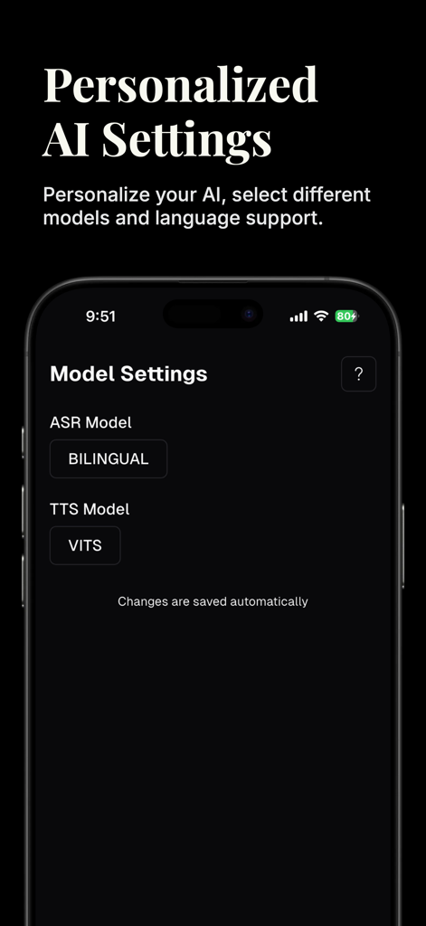 Vera: Offline AI - Personalized AI model settings screen for ASR and TTS in the Vera app