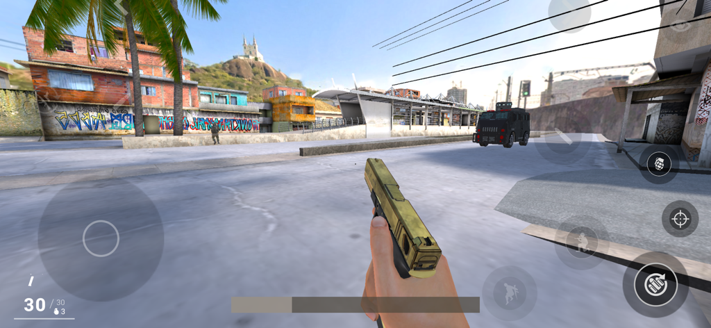 Complexo Favela - First-person perspective of a golden pistol in a Brazilian favela street with an armored vehicle