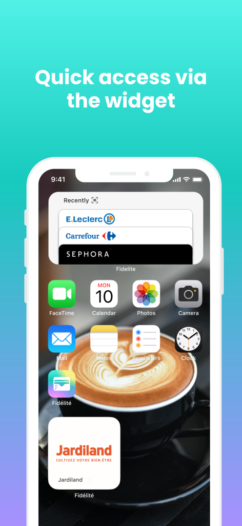 Fidélité - Loyalty Card Wallet - Fidelite loyalty card wallet widget on an iPhone home screen showing quick access to rewards cards