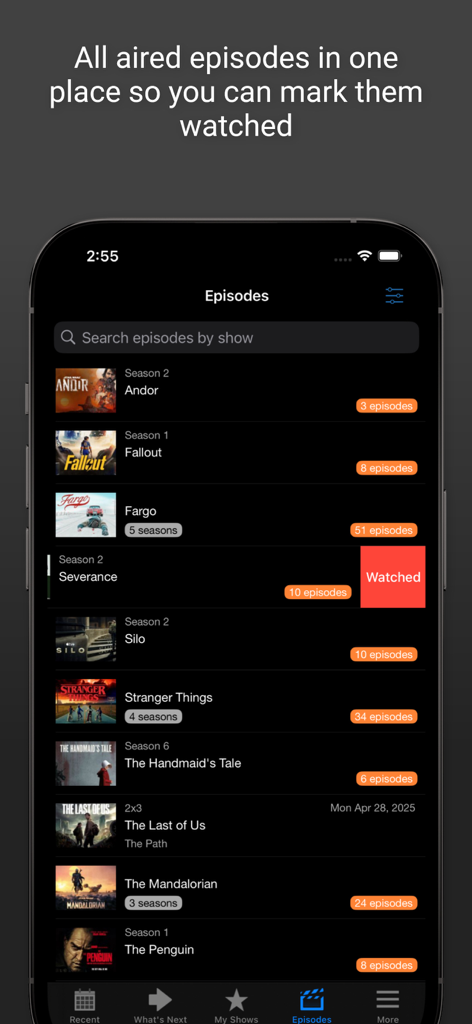 Next Episode - Track TV Shows - Next Episode app interface showing a list of TV show episodes with a watched status marker.