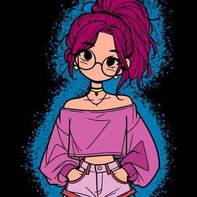 girl with a messy ponytail glasses a baggy crop top and jean shorts