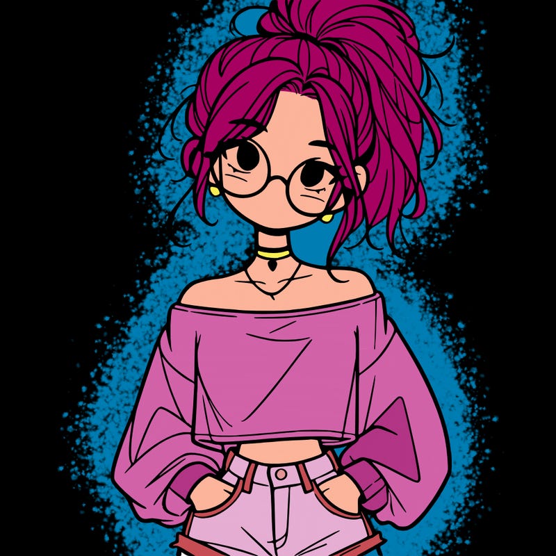 girl with a messy ponytail glasses a baggy crop top and jean shorts