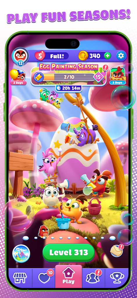 Angry Birds Dream Blastの季節イベント中に、若いAngry Birdsキャラクターが巨大なカラフルな卵に絵を描いています。