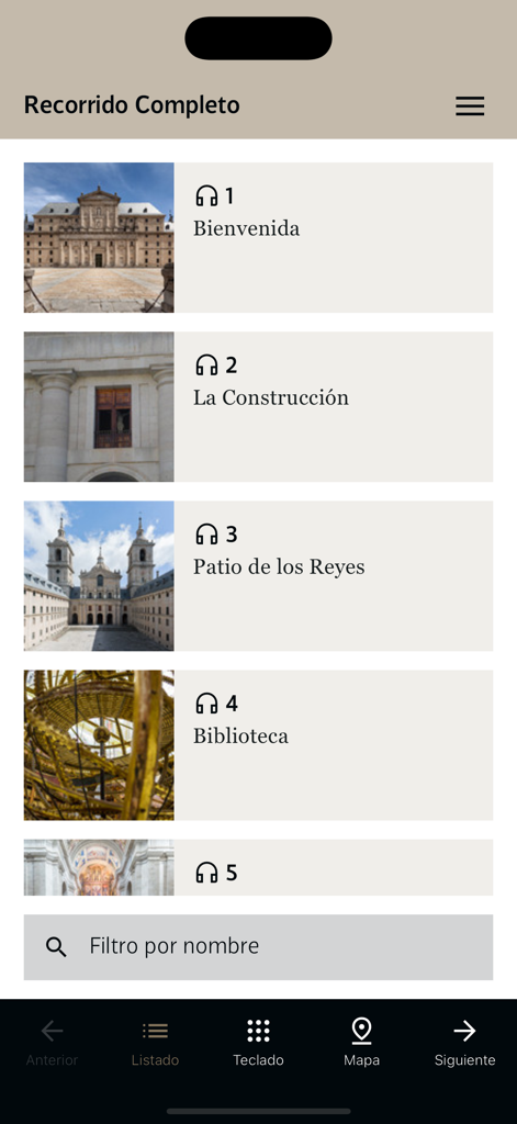 Monasterio El Escorial - Ecrã móvel que mostra uma lista numerada de paragens da visita com audioguia para o Mosteiro do Escorial com títulos e fotografias
