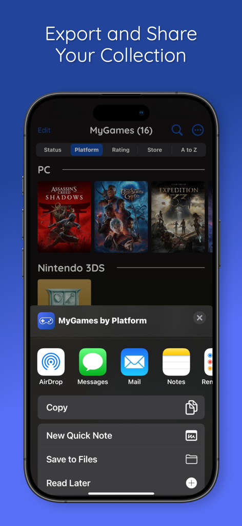 MyGames Database - An iPhone displaying the MyGames Database app share sheet for exporting a video game collection.