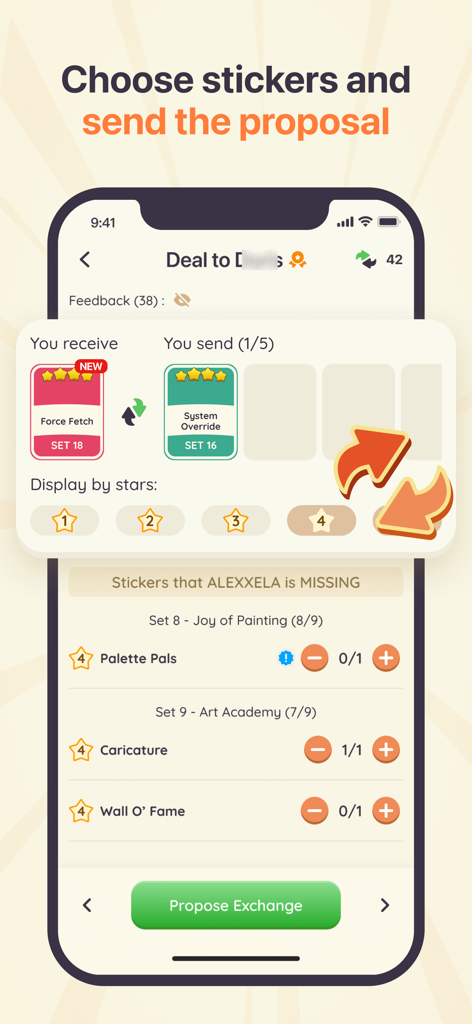 StickerHub mobile interface for proposing a sticker exchange between players.