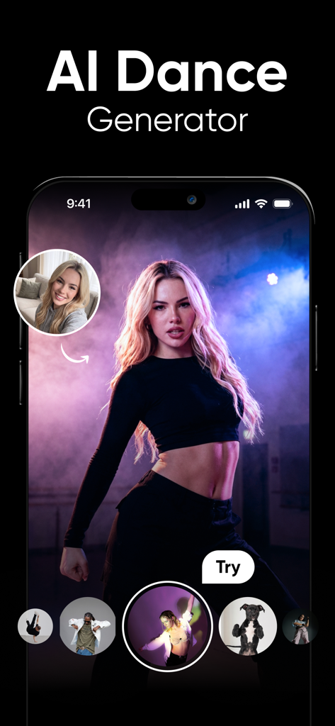 Screenshot dell'app Dance AI che mostra il processo di trasformazione di una foto ritratto in un video di ballo virale con IA, con varie opzioni di stile di ballo e una funzione di ballo per animali domestici.