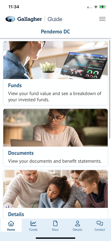 Gallagher Guide - Pensions - Gallagher Guide Pensions app home screen with navigation for funds and documents