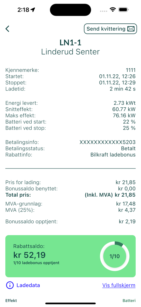 A detailed charging receipt in the Bilkraft app showing energy delivered session duration and transaction price