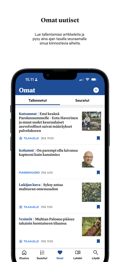 Suur-Keuruu - Suur-Keuruu mobile app showing the My News section with saved Finnish local news articles