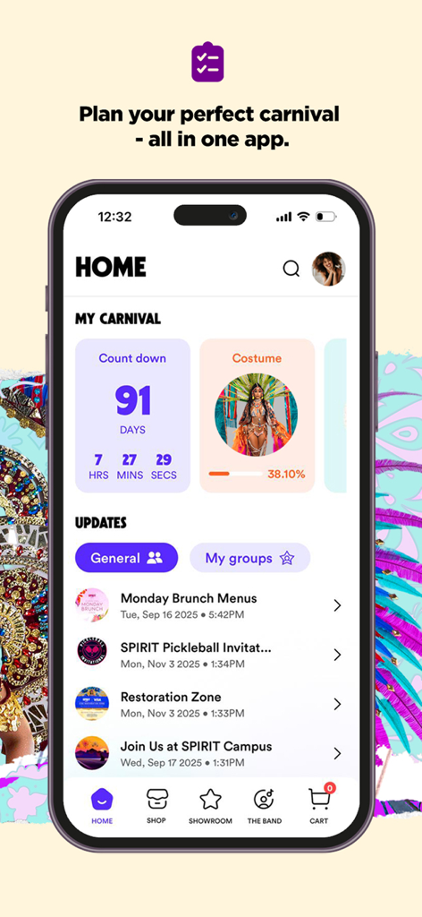 Spirit Mas - The home screen of the Spirit Mas app showing a 91 day carnival countdown costume payment progress and recent updates.
