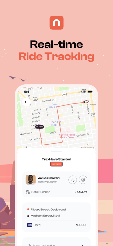 NidiDrive - Echtzeit-Fahrtverfolgungs-Oberfläche der NidiDrive-Mobil-App, die eine Karte und Fahrerdetails anzeigt