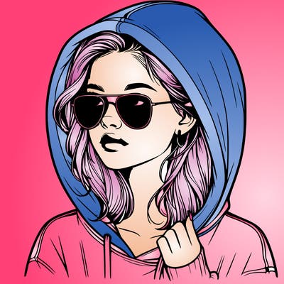 realistic teenage girl, wearing a hoodie and sunglasses