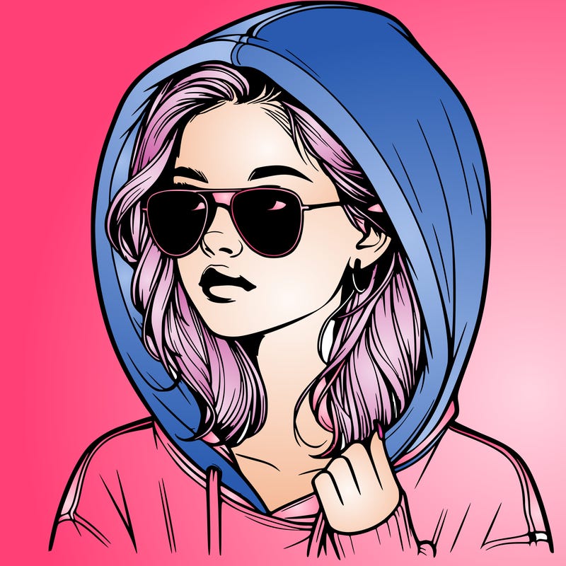 realistic teenage girl, wearing a hoodie and sunglasses