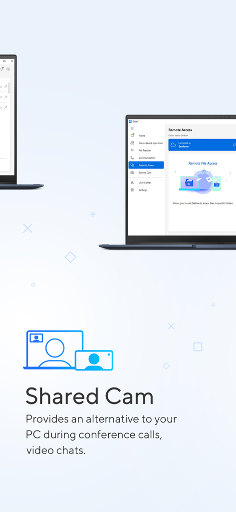 GlideX - Función GlideX Shared Cam que ilustra el uso de un teléfono móvil como webcam de alta calidad para un portátil durante videollamadas