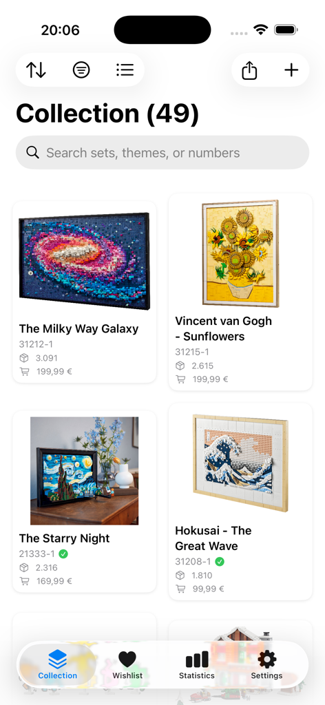 BrickLog - Una vista de cuadrícula digital de una colección de LEGO® en la aplicación BrickLog que muestra varios sets de arte y recuentos de piezas.