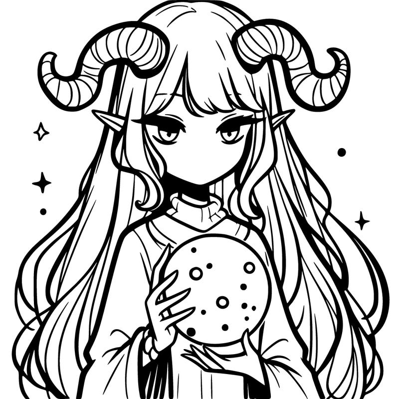 long haired girl with horns and magic orb in her hand