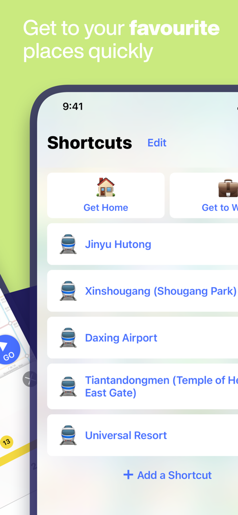Beijing Subway - MTRC map - Interfaccia utente dell'app della Metropolitana di Pechino che mostra scorciatoie per luoghi popolari e snodi di trasporto