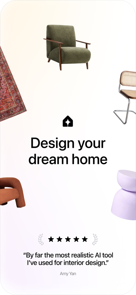 Spacia: AI Home Design - Spacia AI Home Design app screen featuring the text Design your dream home and a five-star user review by Amy Yan.