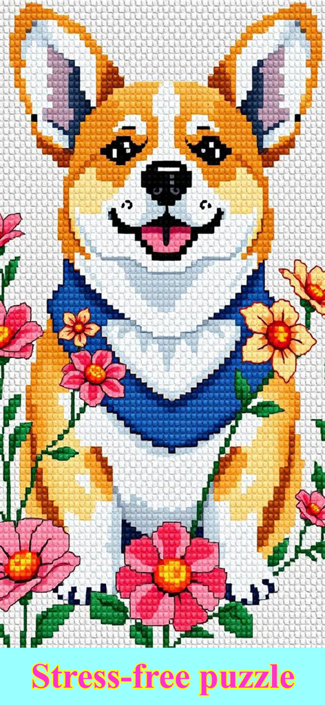 Cross Stitch Color by Number - A digital cross stitch pattern of a smiling corgi dog surrounded by colorful flowers