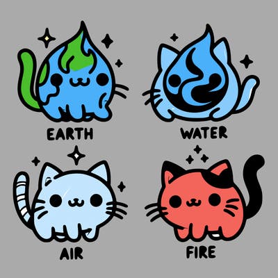 4 cats that represent the different elements, earth, water, air, and fire