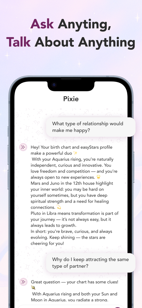 easyStars- AI Meets Astrology - A smartphone showing the easyStars app chat interface where a user asks Pixie the AI astrologer about relationships and birth chart insights
