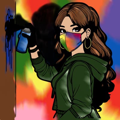 realistic girl with mask spray painting a wall