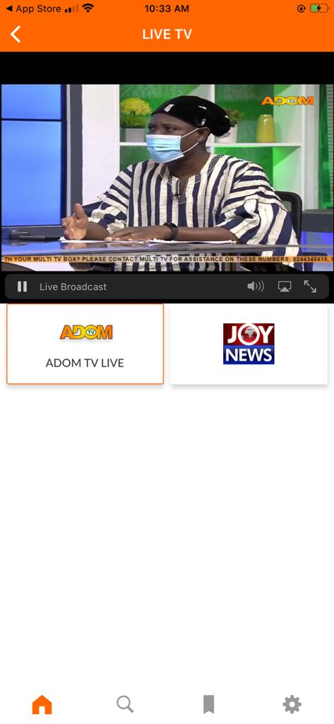 AdomOnline - AdomOnline app interface displaying the live TV streaming section with Ghanaian news channels