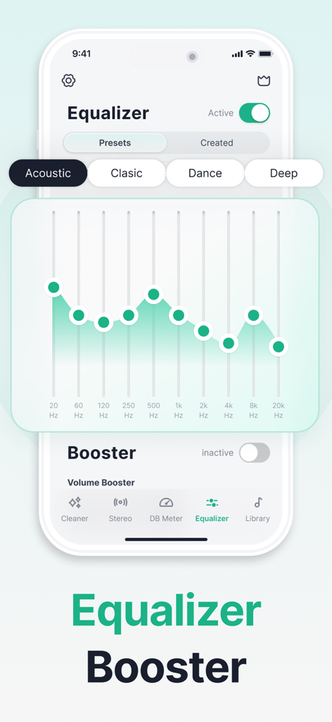 WaveTune - Speaker Cleaner - Interfaz de la app WaveTune mostrando el ecualizador de audio con deslizadores de frecuencia y el interruptor de potenciador de volumen