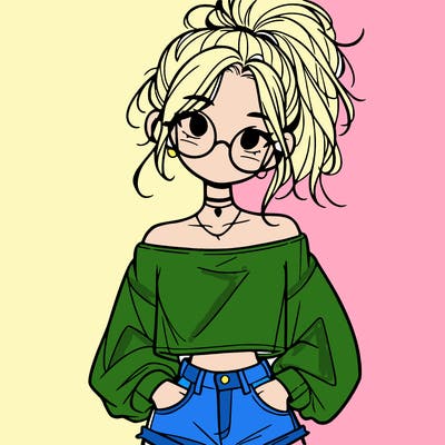 girl with a messy ponytail glasses a baggy crop top and jean shorts