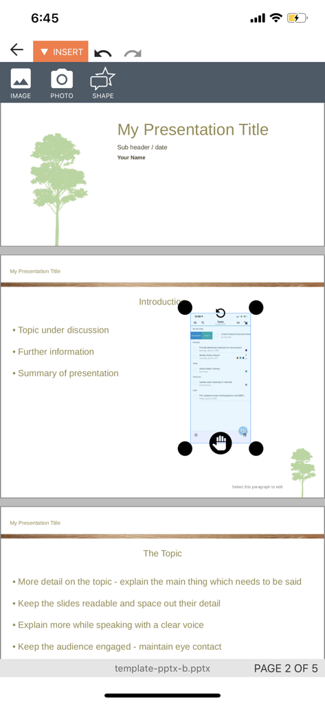 Mobile interface of BlackBerry Edit showing a PowerPoint presentation with slides and image editing tools