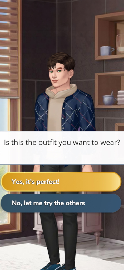 Secrets by Episode NETFLIX - Schermata di personalizzazione del personaggio maschile in Secrets by Episode NETFLIX che mostra una scelta di selezione dell'outfit