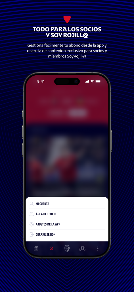 Osasuna Official App - 오사수나 공식 앱의 회원 영역 메뉴를 표시하는 스마트폰