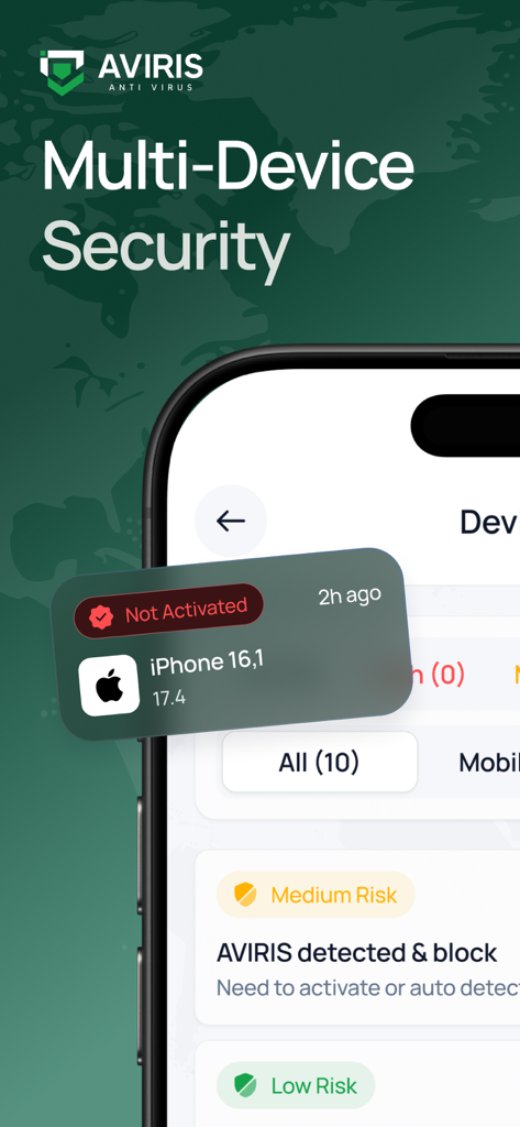 AVIRIS: Mobile Security, VPN - AVIRIS mobile security app interface showing multi-device protection status and threat detection logs on an iPhone screen