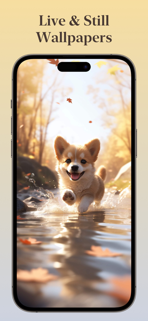 Pantalla de teléfono inteligente con un lindo cachorro corgi corriendo en un arroyo como fondo de pantalla animado