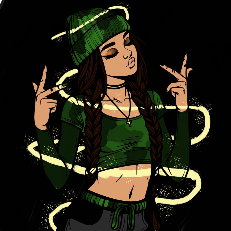 realistic teenage girl with braids and a beanie and crop top doing 🫶🏼